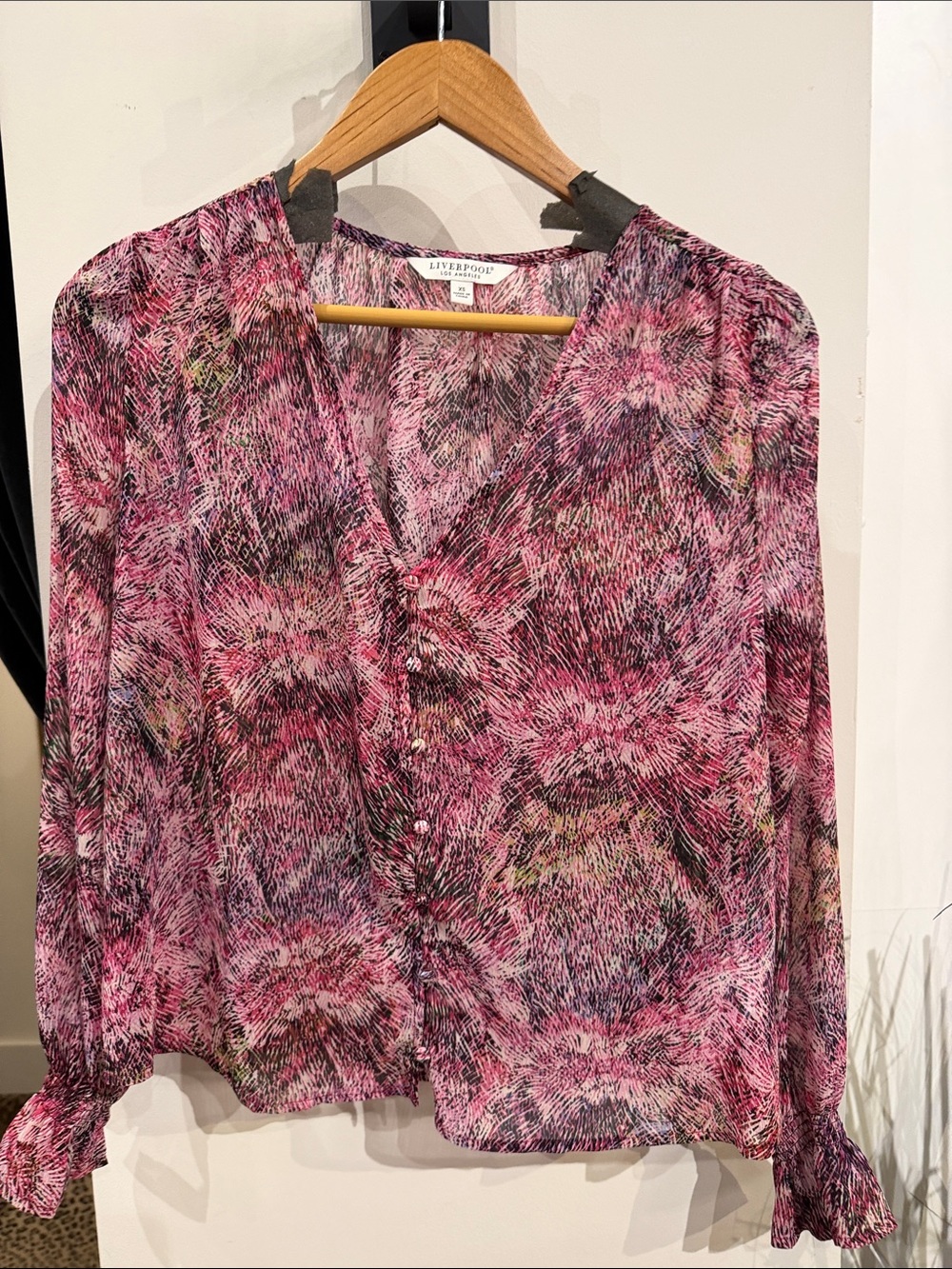 Liverpool Jeans Company Pink Multi-Print Button V-Neck Blouse